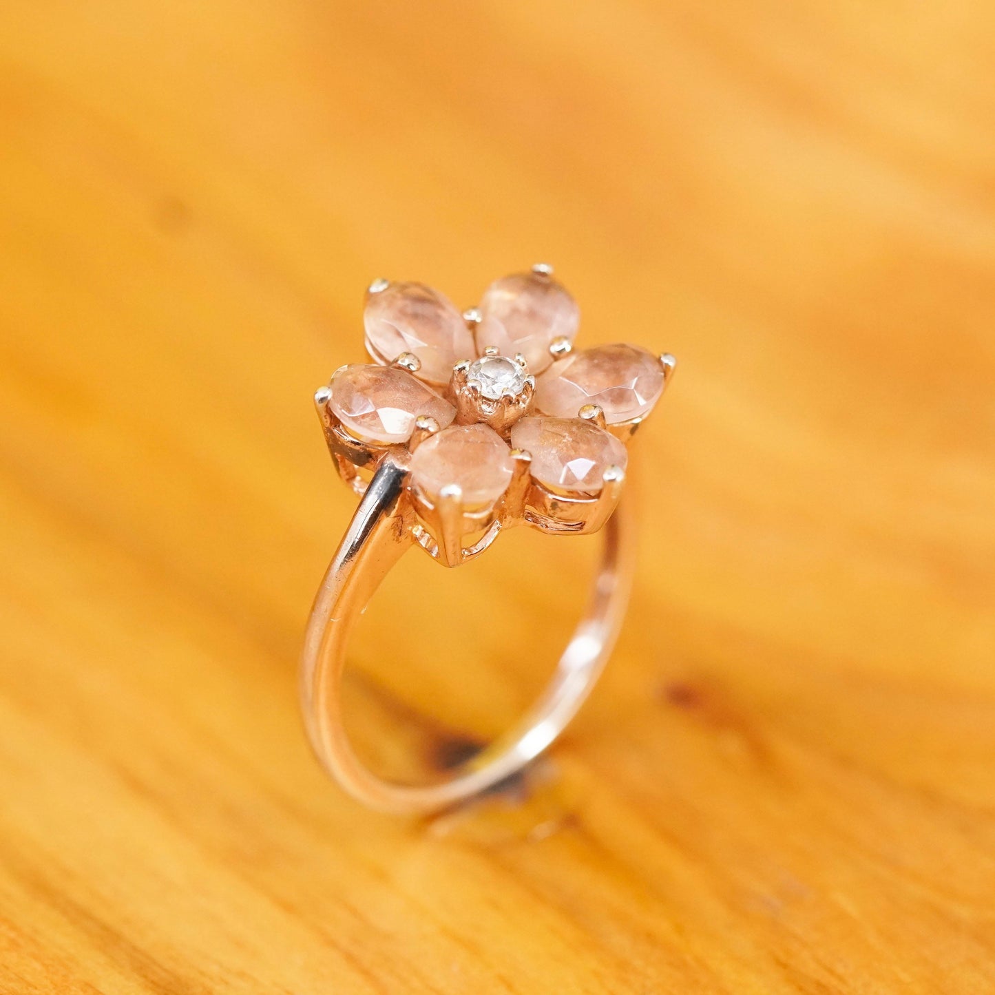 Size 6.75 vintage vermeil gold over Sterling 925 silver flower ring pink quartz