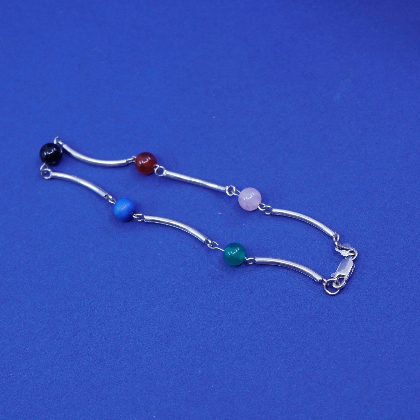 7.75”, Sterling silver bracelet, 925 bar w/ carnelian jade obsidian beads
