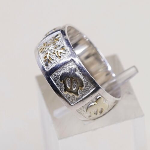 Size 7, Vtg UF Two Tone Turtle Sterling Silver Handmade Statement Ring 925 Band