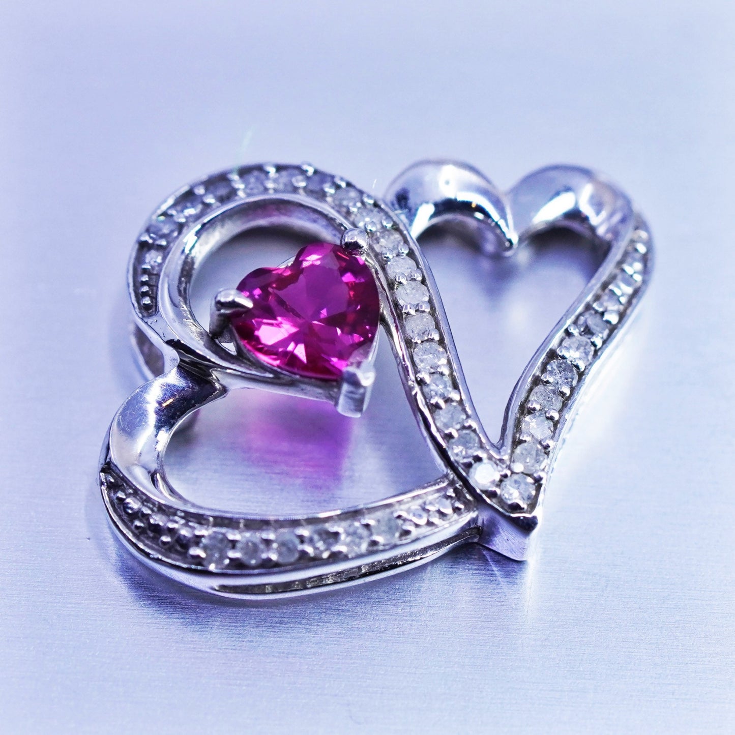 Vintage sterling 925 silver double heart pendant with diamond and ruby