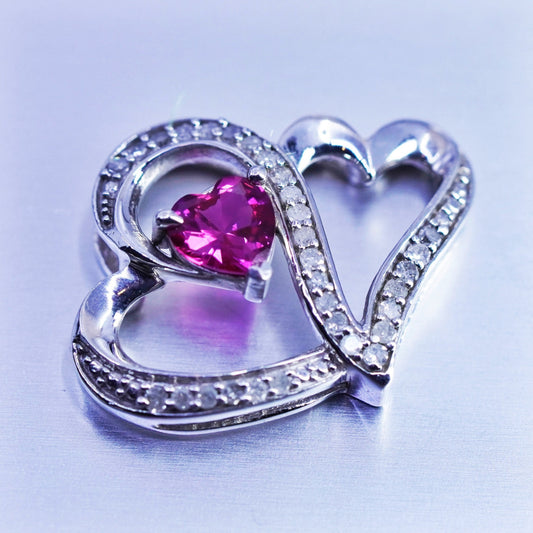 Vintage sterling 925 silver double heart pendant with diamond and ruby