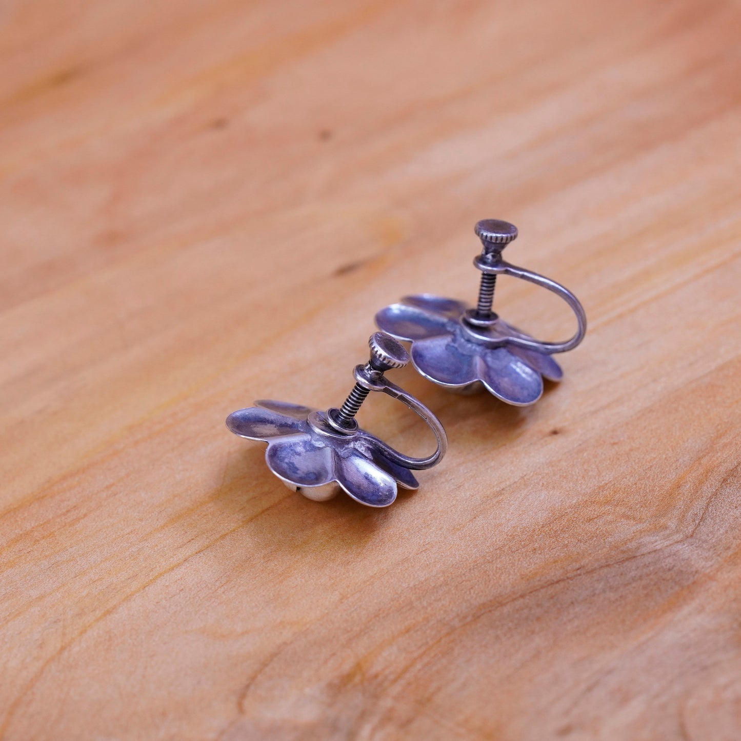 Vintage Sterling silver handmade screw back earrings, 925 flower