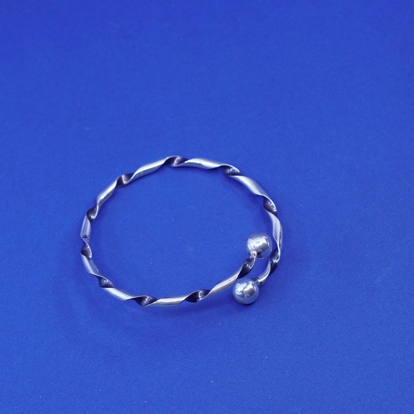 7.5”, sterling silver bracelet, 925 twisted cable wrap cuff with beads end