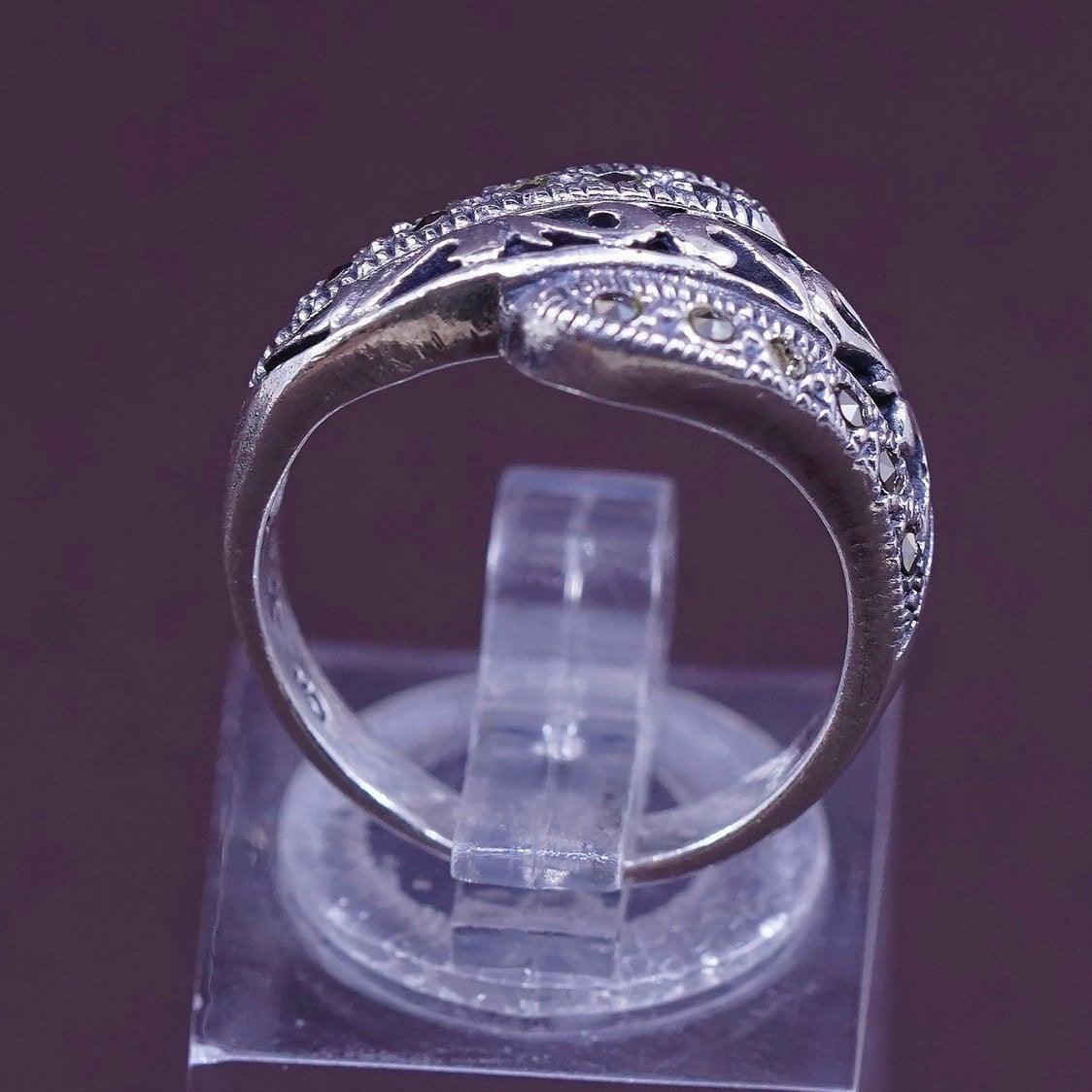 sz 6, vtg MC Sterling silver handmade ring, 925 filigree w/ marcasite