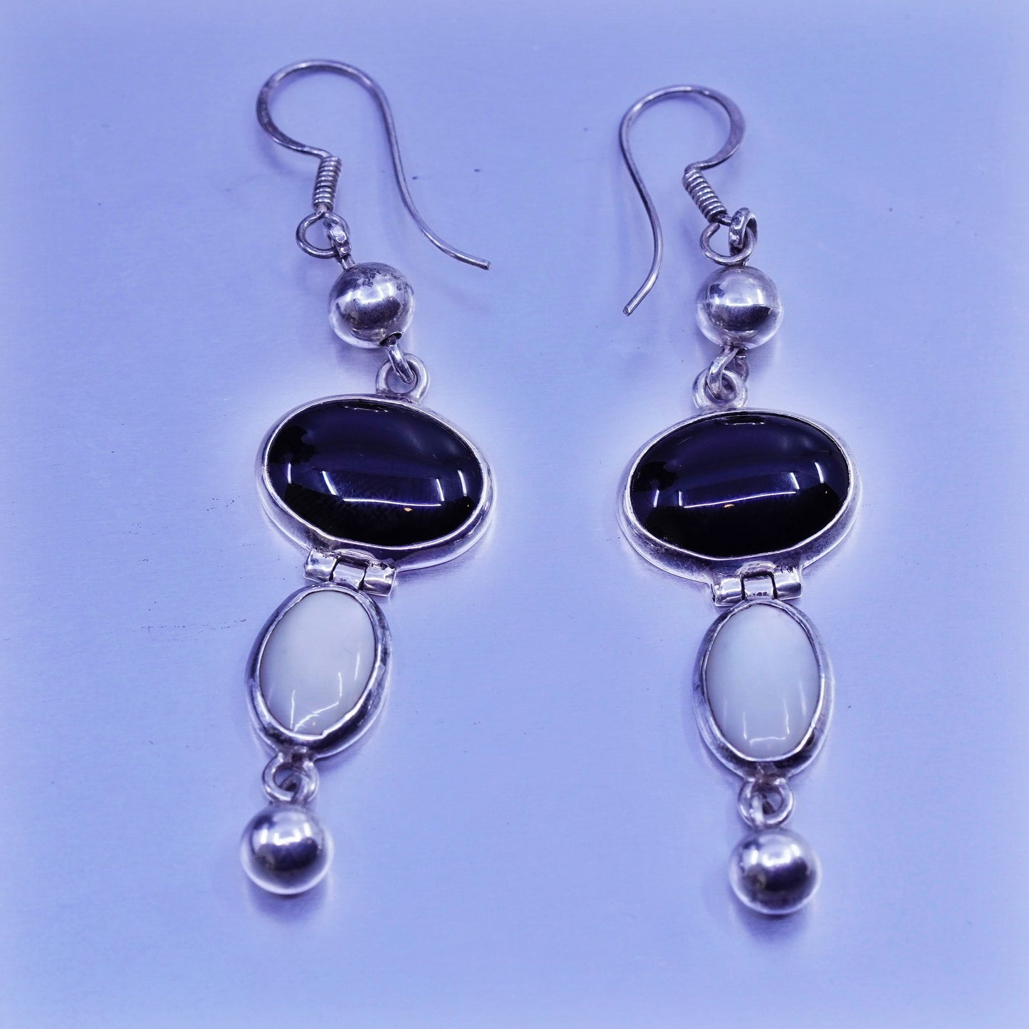 Vintage Sterling 925 silver handmade earrings w/ oval obsidian mother of pearl