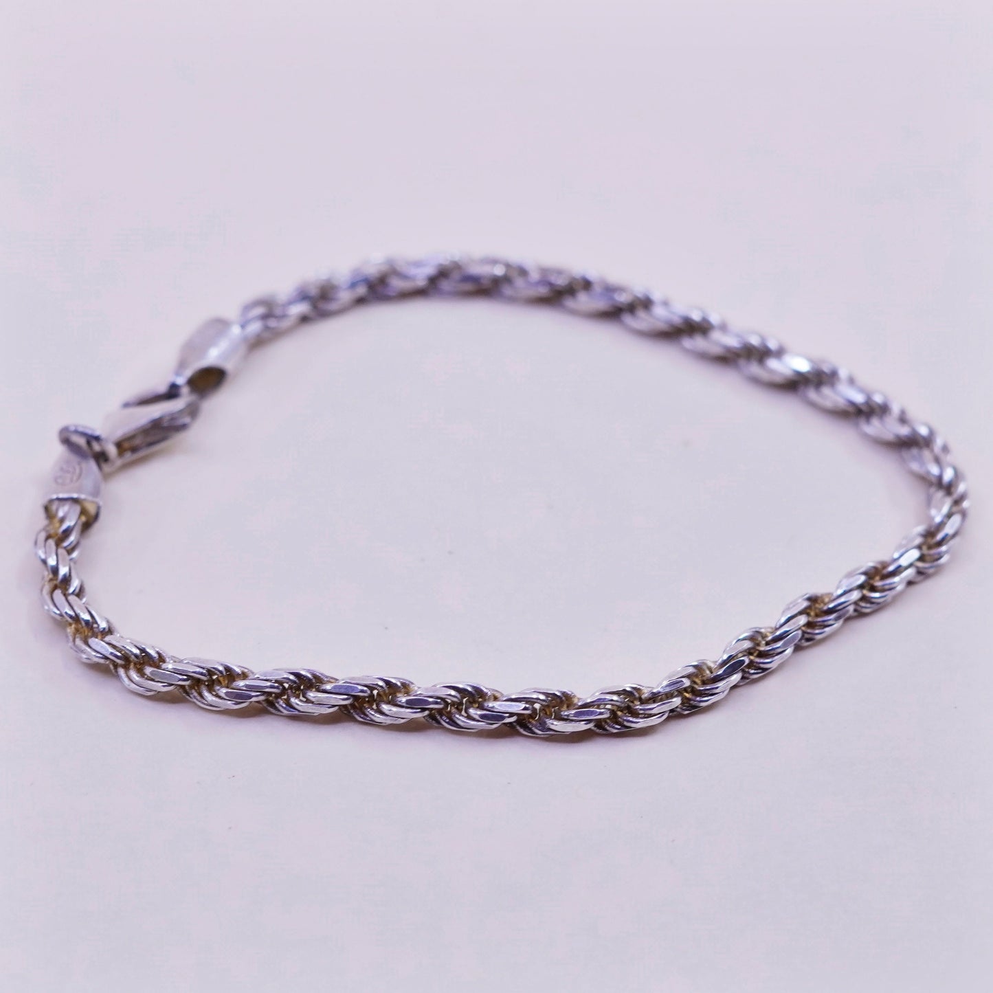 7.75”, 3mm, Vintage sterling 925 silver Italy rope chain bracelet