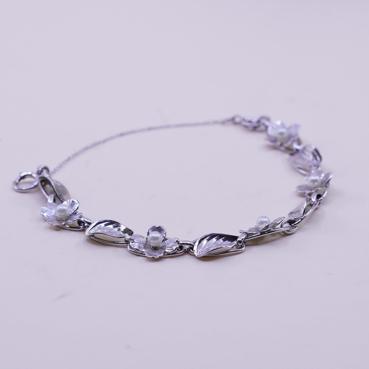 7”, sterling silver bracelet, 925 flower leaves chain pearl, handmade jewelry
