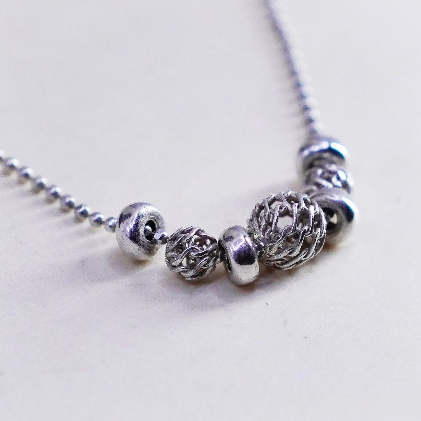 16”, vtg sterling 925 silver handmade bead chain necklace with filigree beads