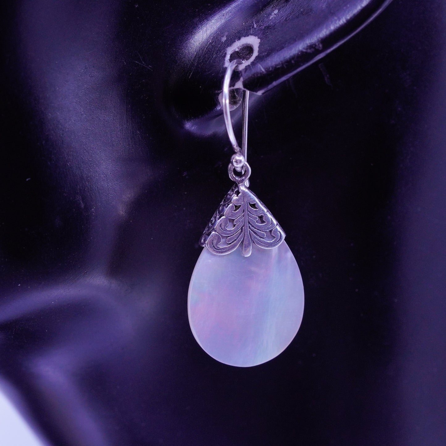 Vintage Sterling 925 silver handmade earrings with teardrop mother of pearl