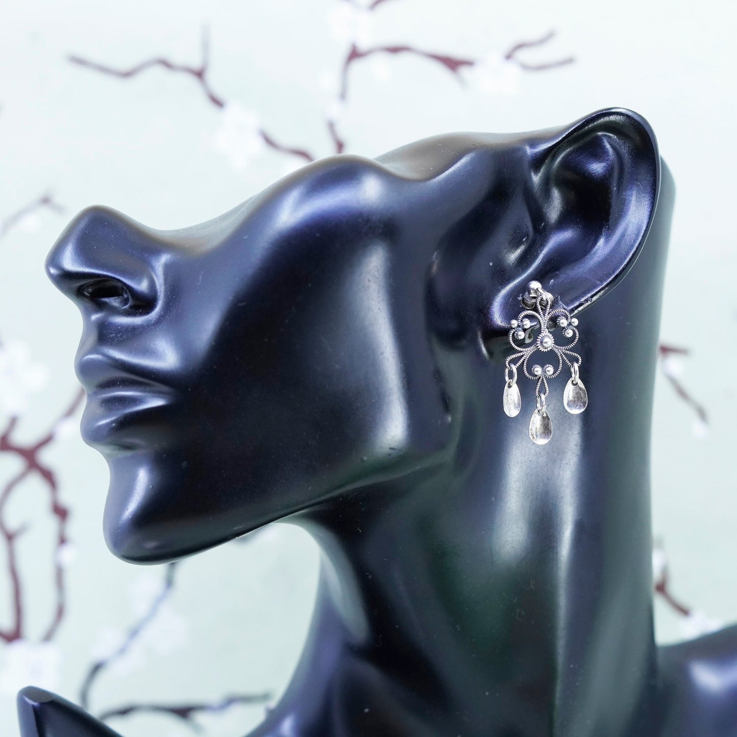 Vintage sterling silver handmade earrings, filigree 925 clover teardrop dangles