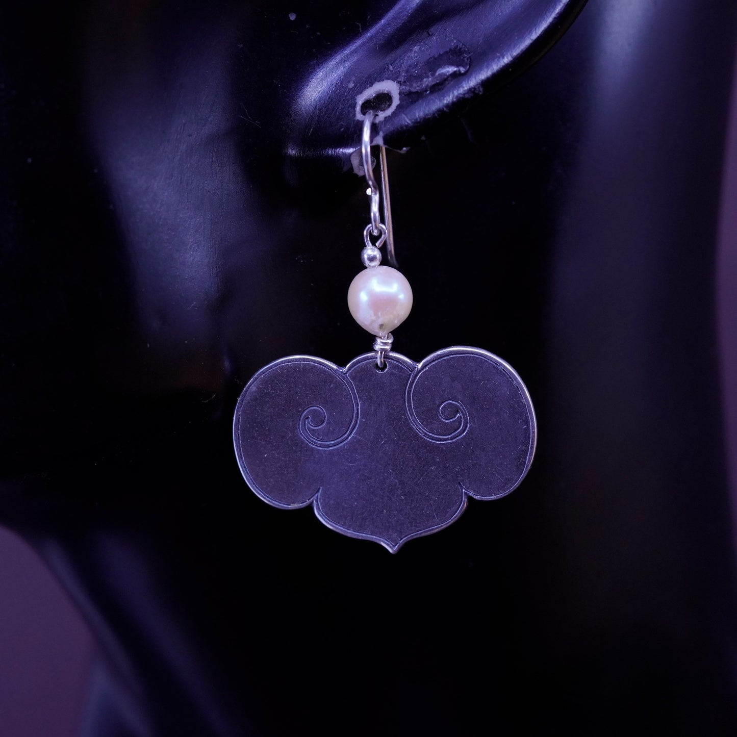 Vintage Sterling 925 silver handmade oriental cloud earrings with pearl