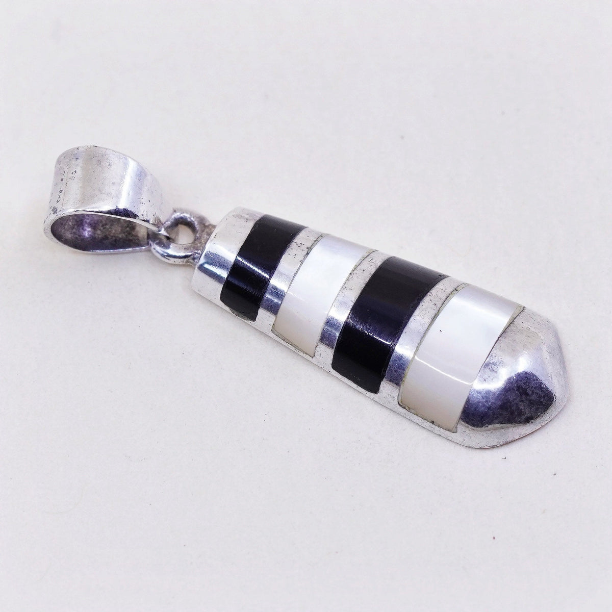 handmade sterling silver pendant, Mexico 925 w/ black onyx and mother of pearl
