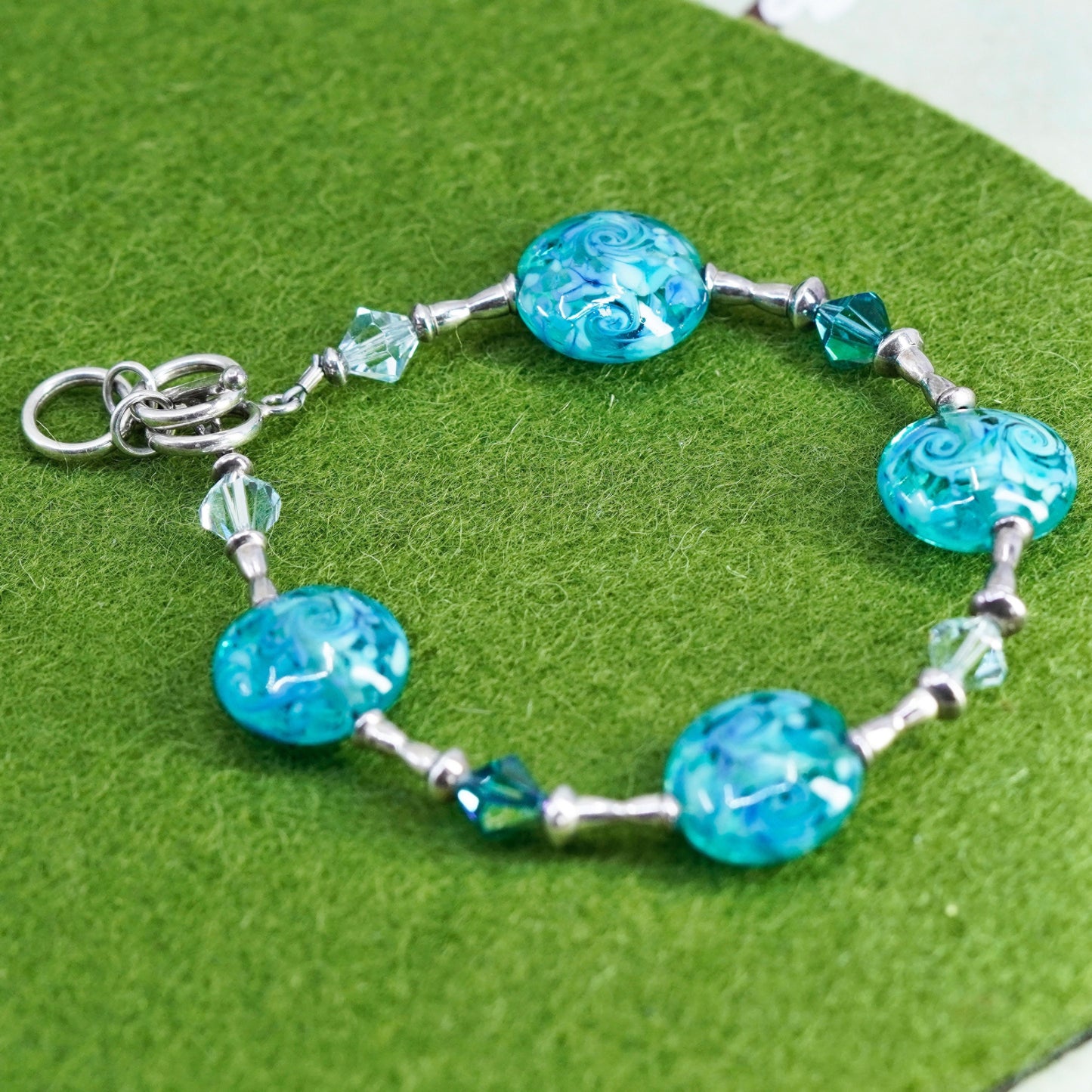 6.5”, vintage 925 Sterling silver bracelet with artisan blue glass beads