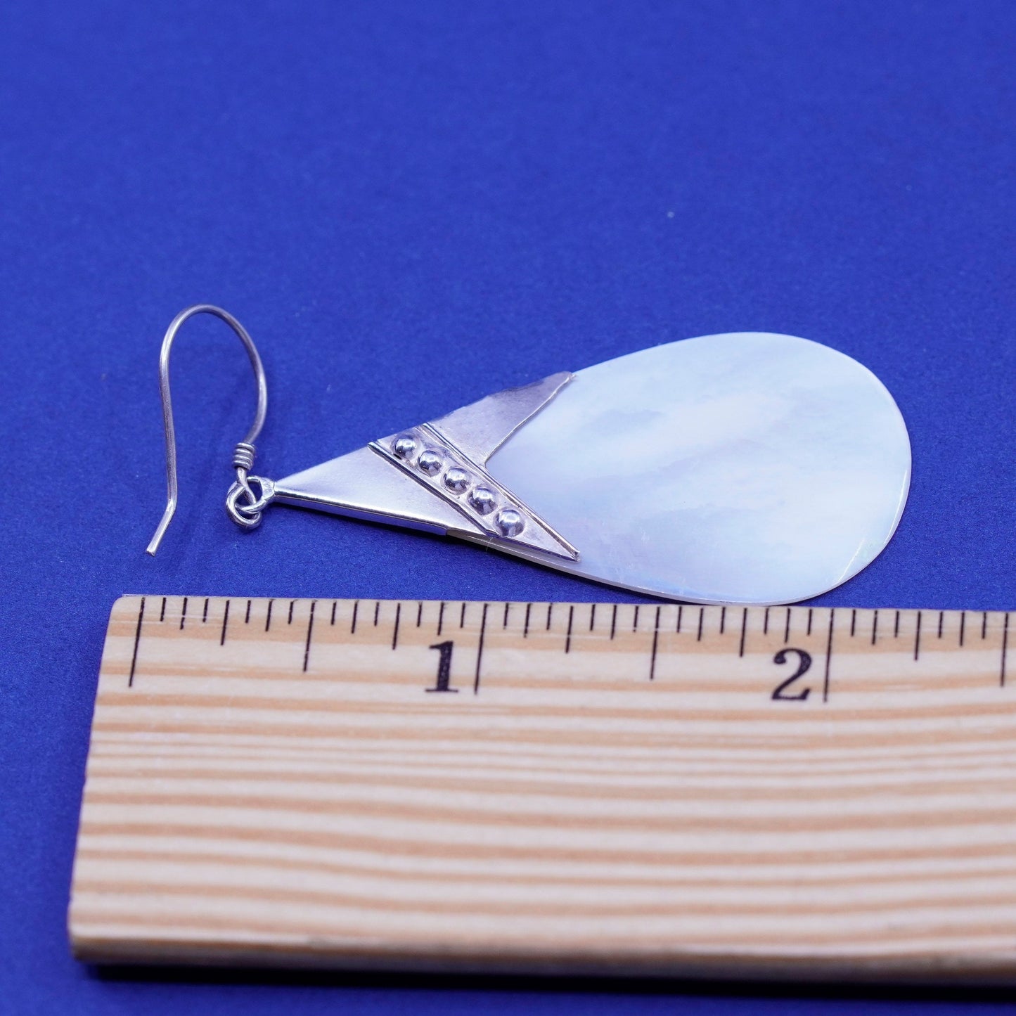 2.25”, Vintage sterling 925 silver handmade teardrop earrings mother of pearl