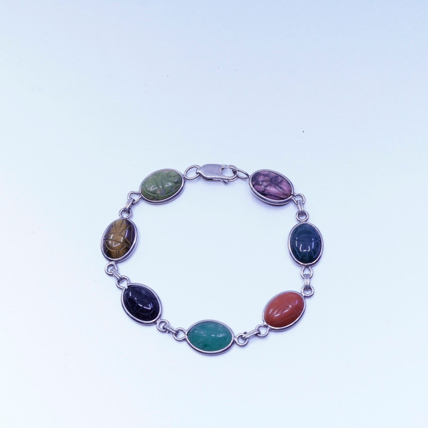 7.25”, sterling 925 silver carved bracelet, tiger eye jasper carnelian onyx