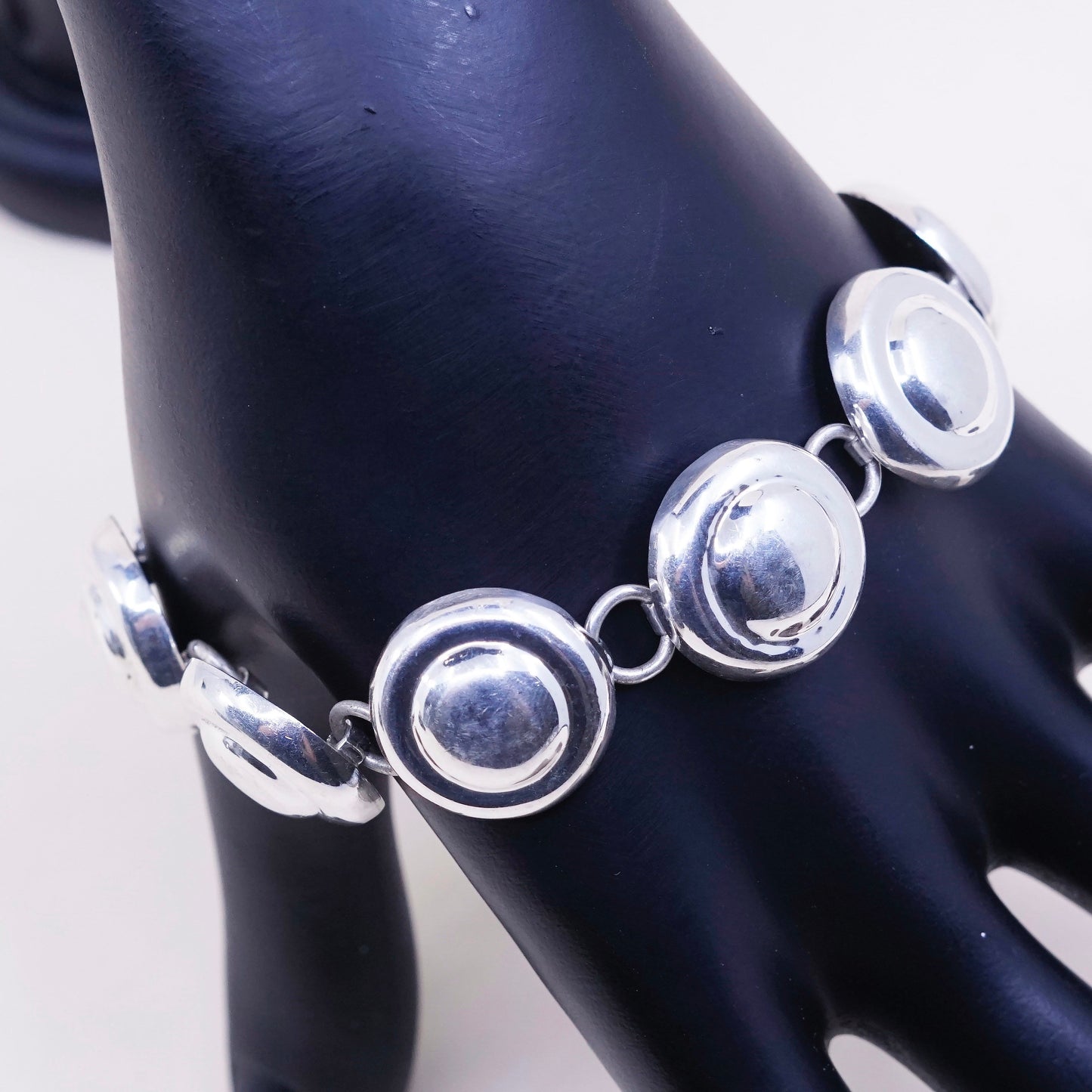 7.5”, vtg sterling silver handmade bracelet, 925 weave textured circle bracelet