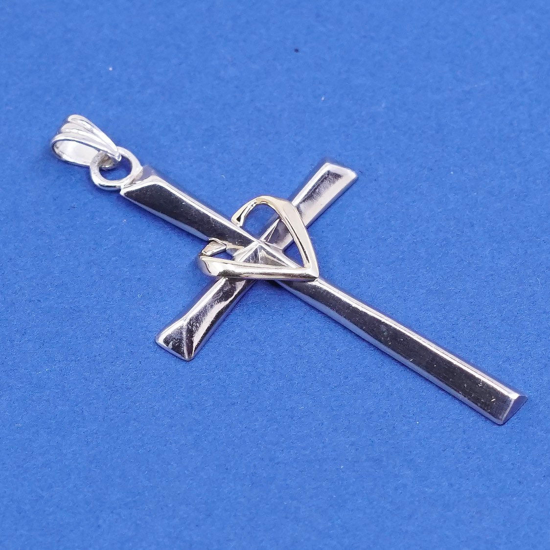 vtg Love earth Sterling silver prayer pendant, 925 cross 2/ 10K gold heart