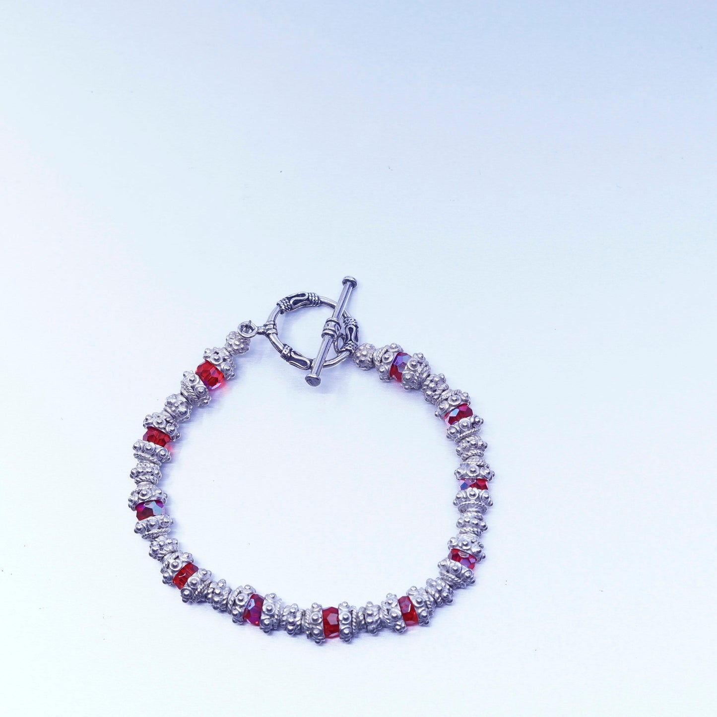 7”, vintage Nepal handmade Sterling 925 silver bracelet with red rhinestone