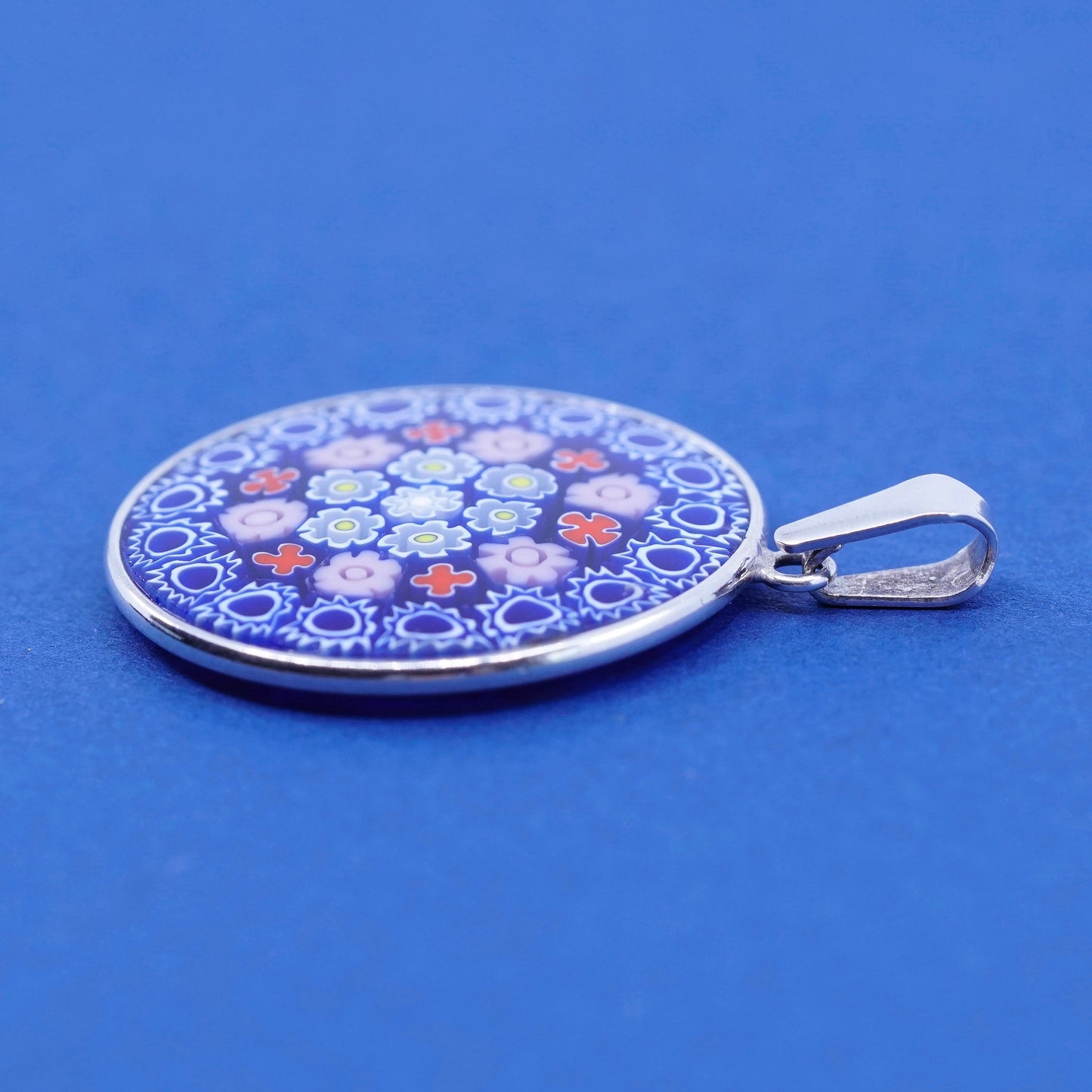 vtg handmade sterling silver tag pendant, 925 w/ multiciori murano glass