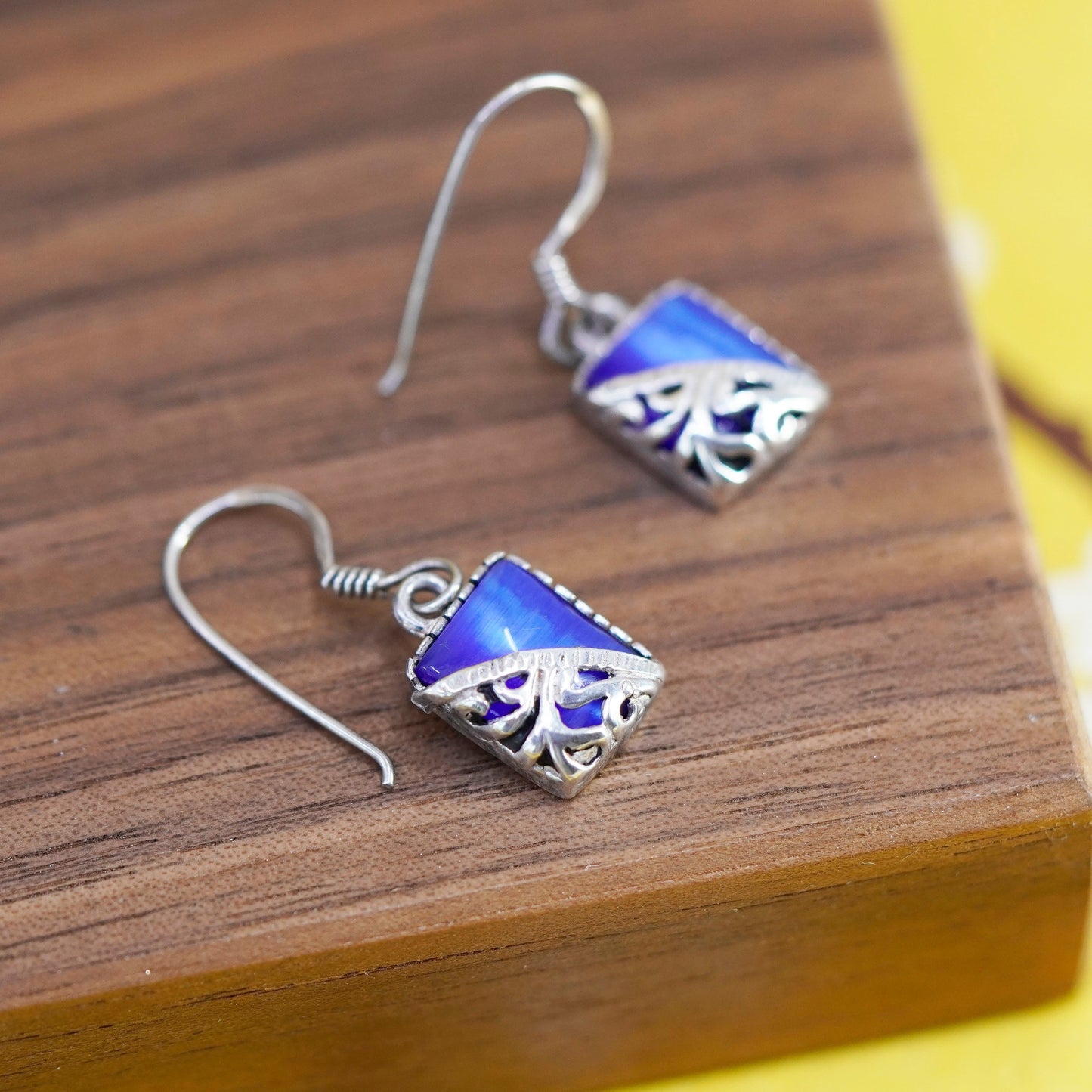Vintage Sterling 925 silver handmade earrings with blue cat’s eye drops
