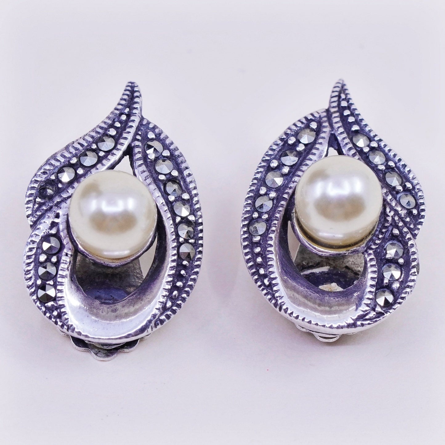 Sterling 925 silver handmade filigree clip on earrings with pearl and Marcasite