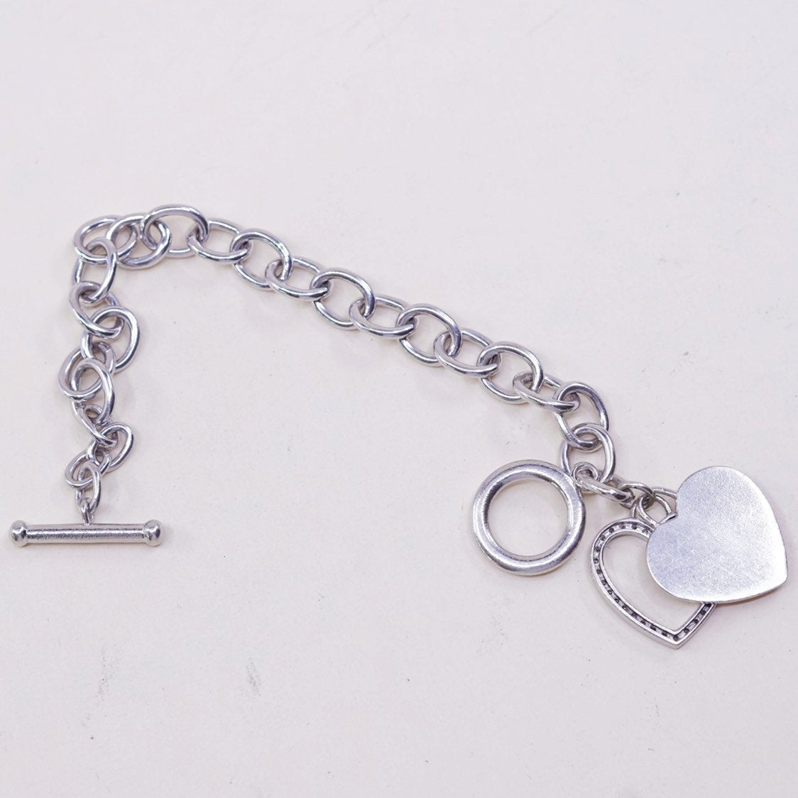 6.75", VTG sterling silver handmade circle bracelet, 925 w/ diamond heart charm