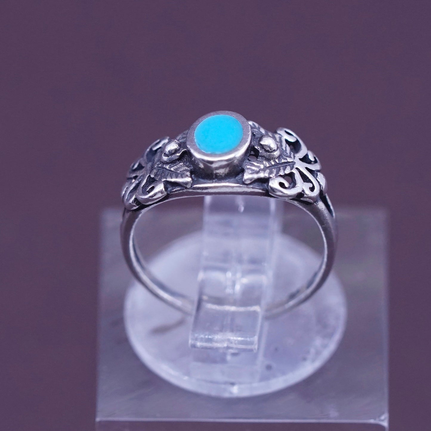 Size 1.5, vtg Sterling 925 silver handmade ring w/ turquoise N filigree flower
