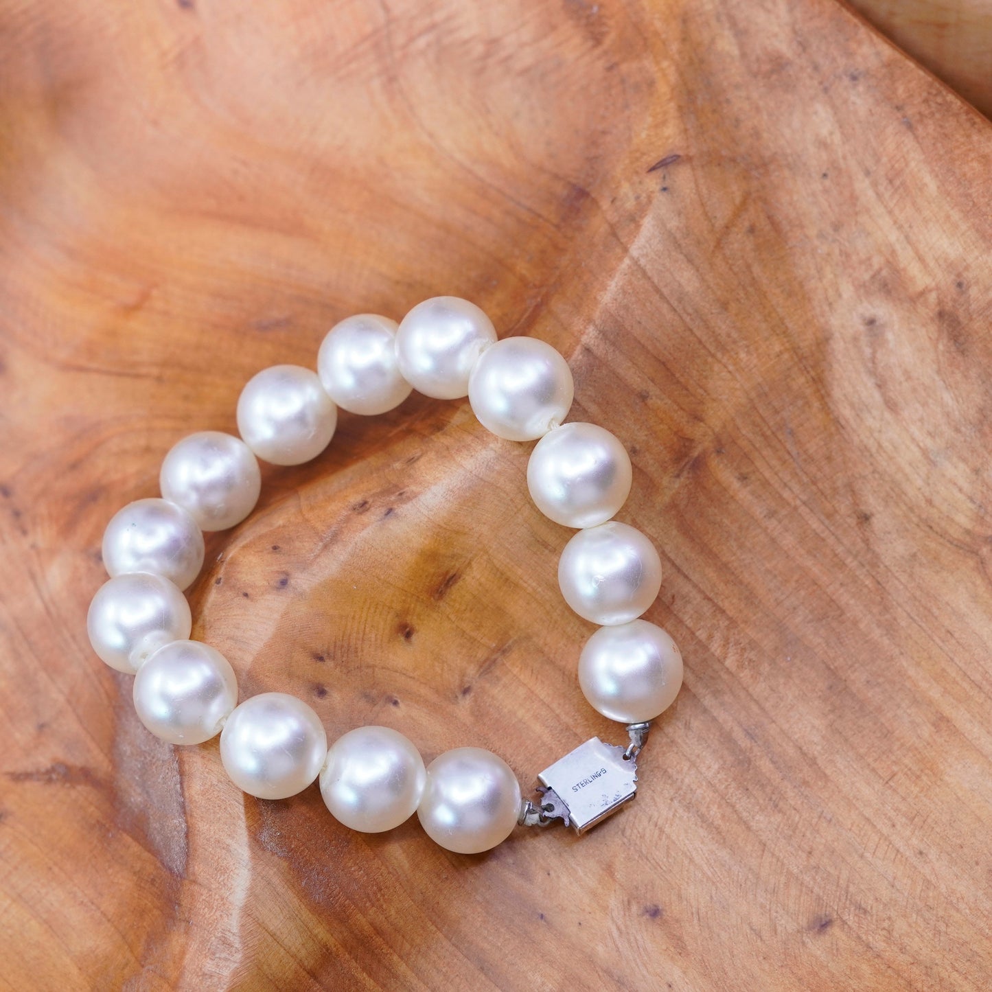 6”, Vintage Sterling silver handmade bracelet, pearl beads chain with 925 clasp