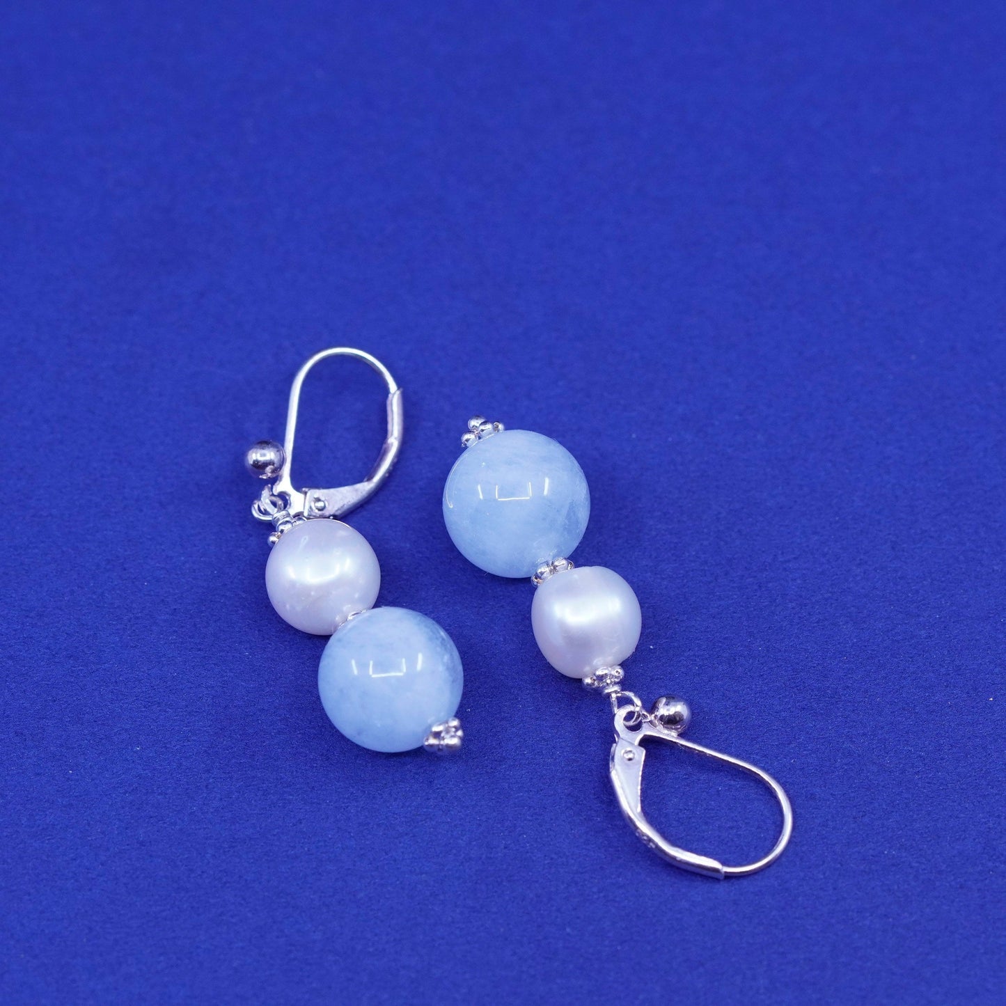 Vintage sterling silver handmade earrings, 925 hooks with jade and pearl beads