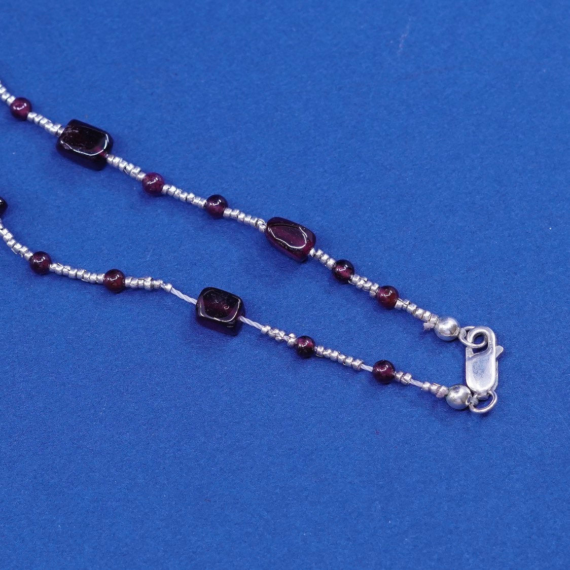 16”, vintage Sterling 925 silver handmade necklace chain with garnet bead