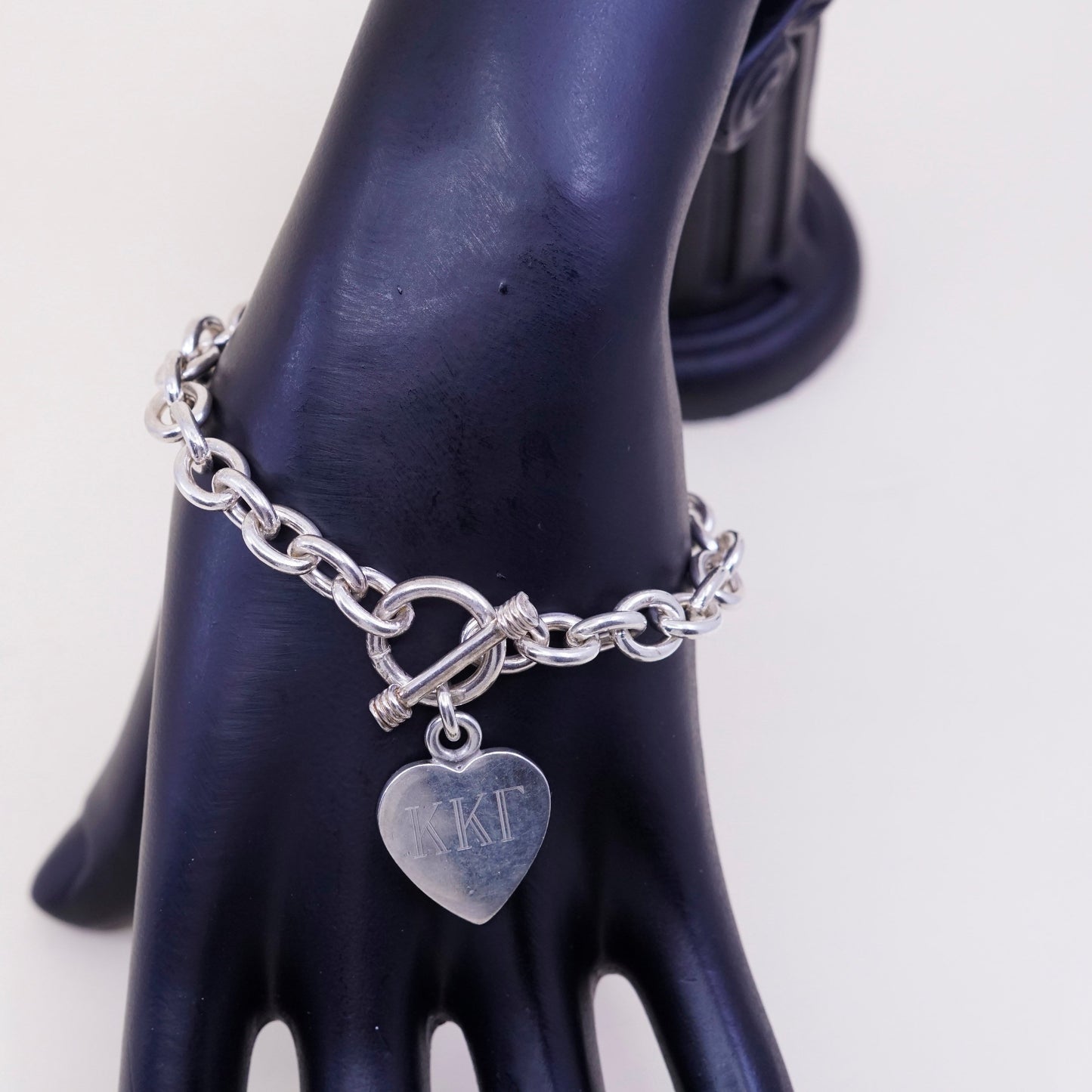 6.75”, sterling silver circle bracelet, 925 chain w/ heart charm monogram KKT