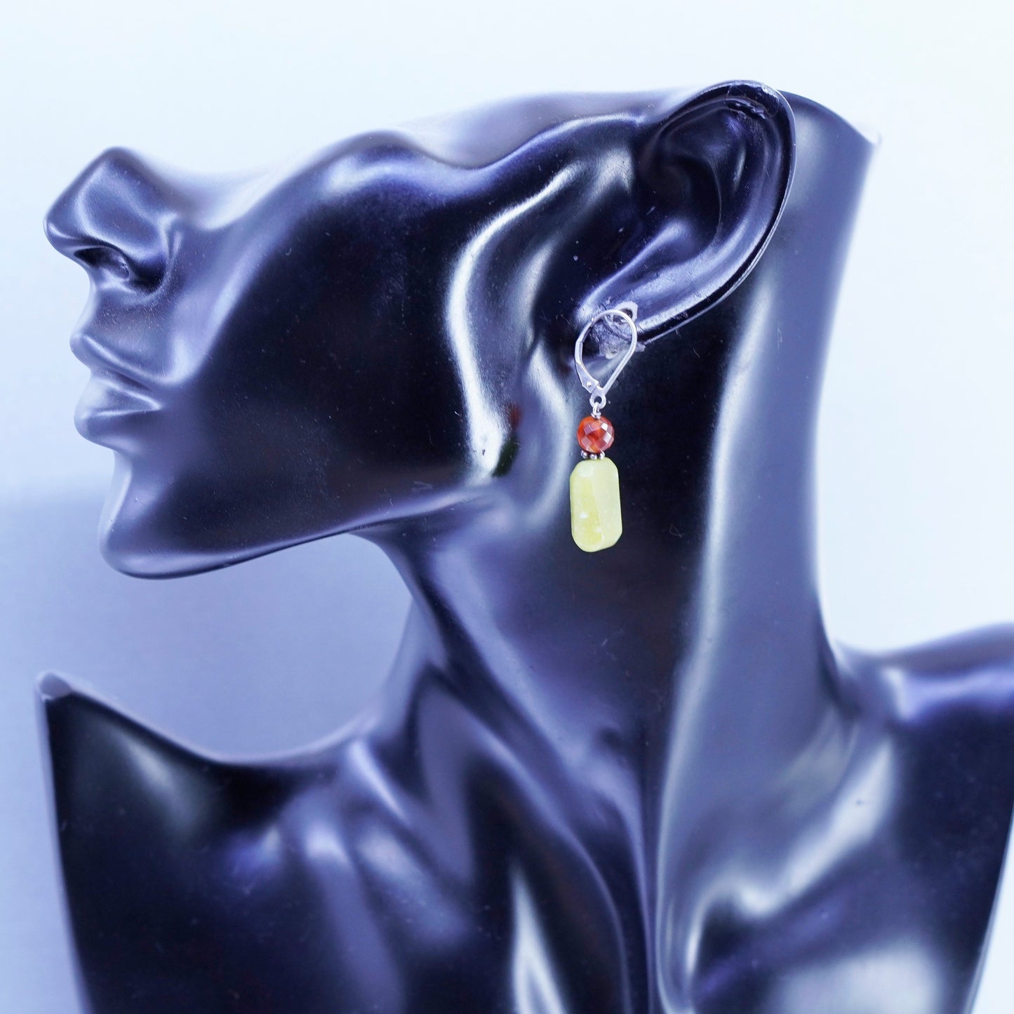 Vintage Sterling 925 silver handmade earrings with jade and carnelian beads