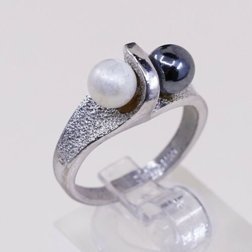 Size 6.75, Vtg ESPO Sterling 925 Silver Ring with Hematite N Pearl, Stamped Ster