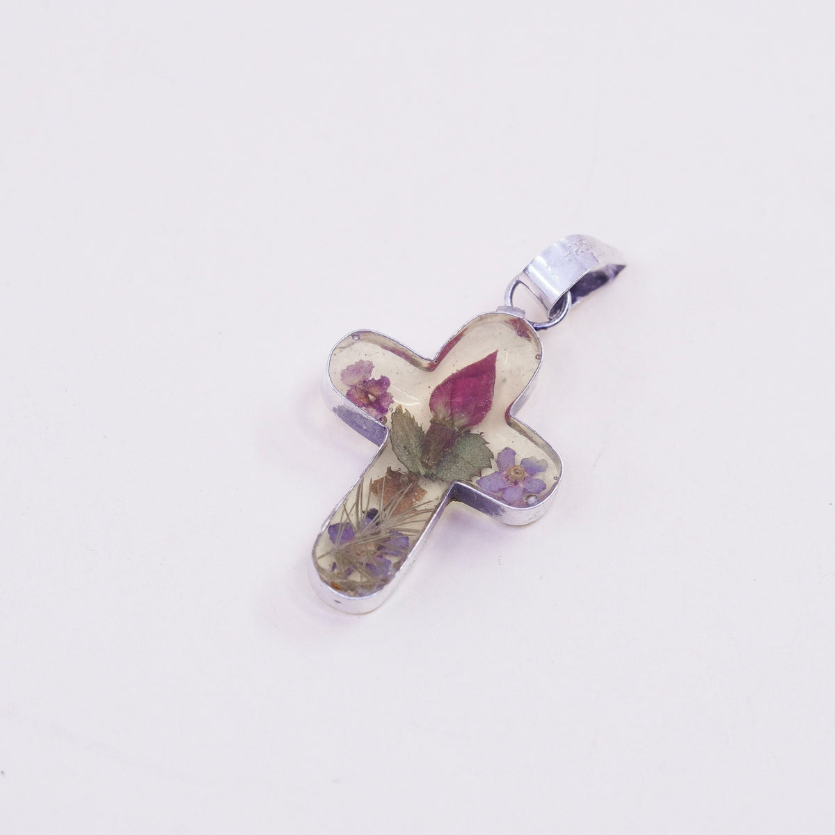Vintage Sterling silver handmade pendant, mexico 925 resin cross with flower
