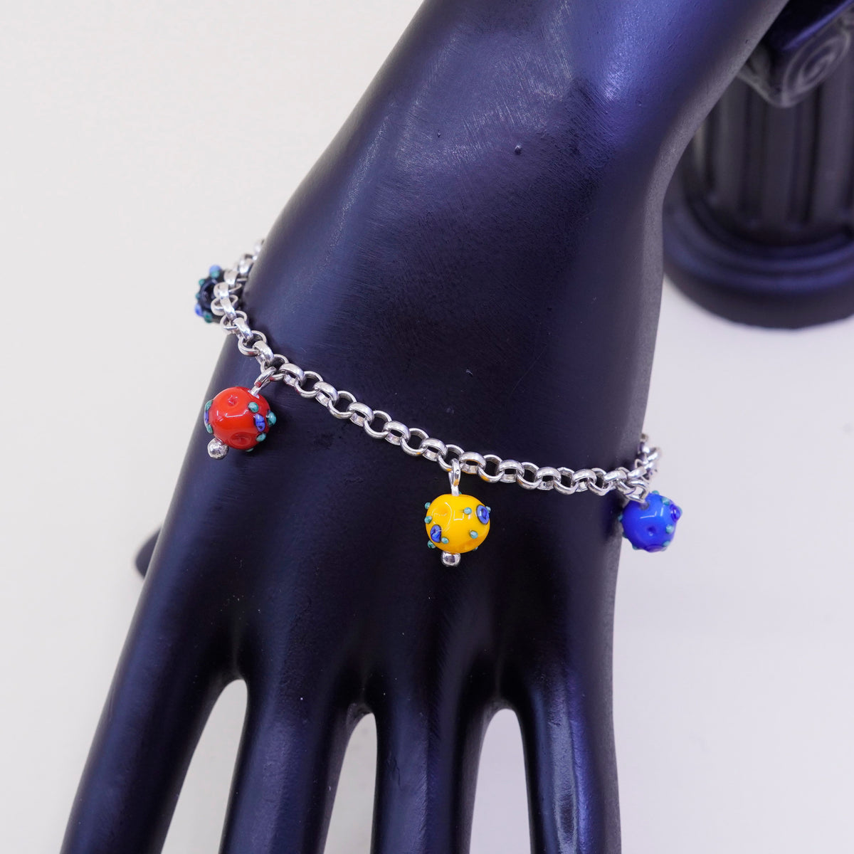 7.25”, 925 Sterling silver circle bracelet w/ artisan colorful glass beads