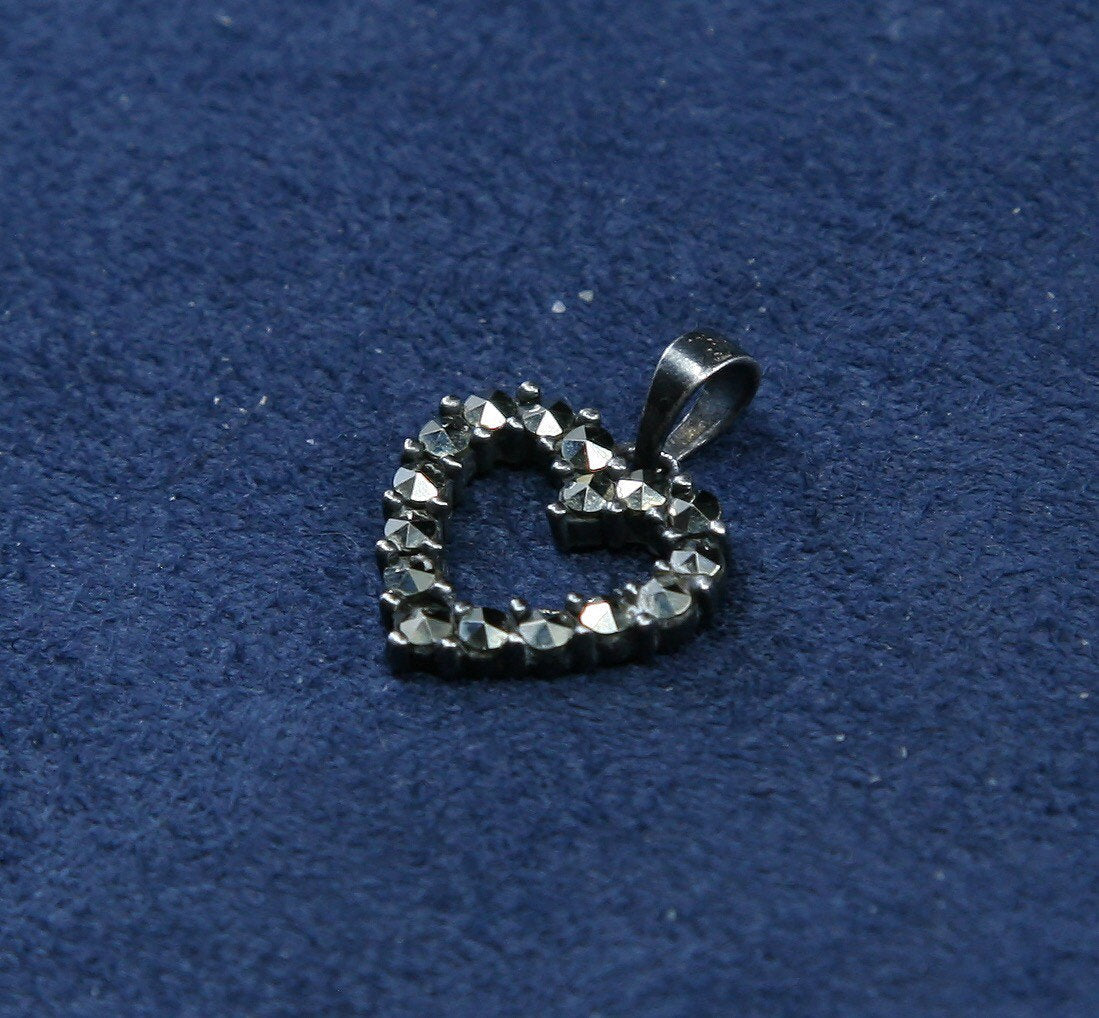 vtg Sterling silver handmade pendant, 925 heart w/ marcasite N crystal