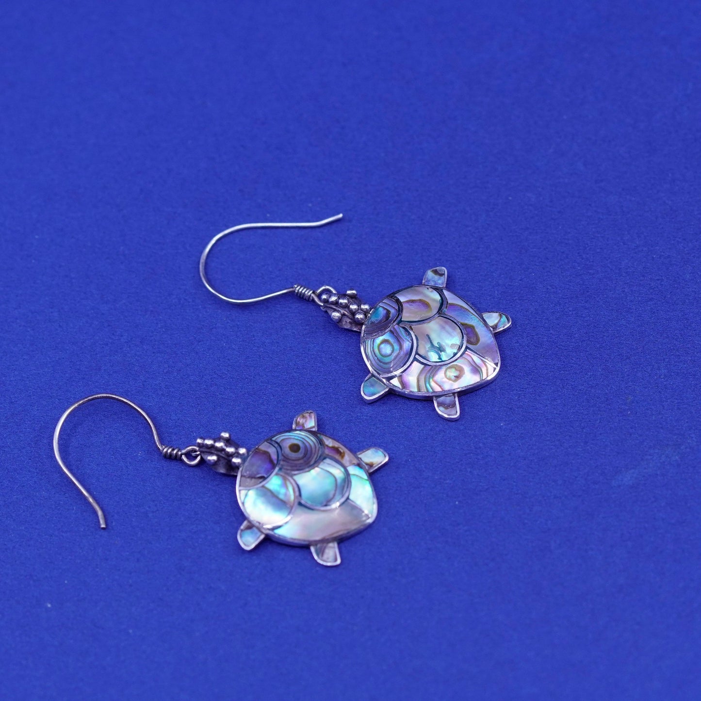 Vintage Sterling silver handmade earrings, 925 turtle drops with abalone