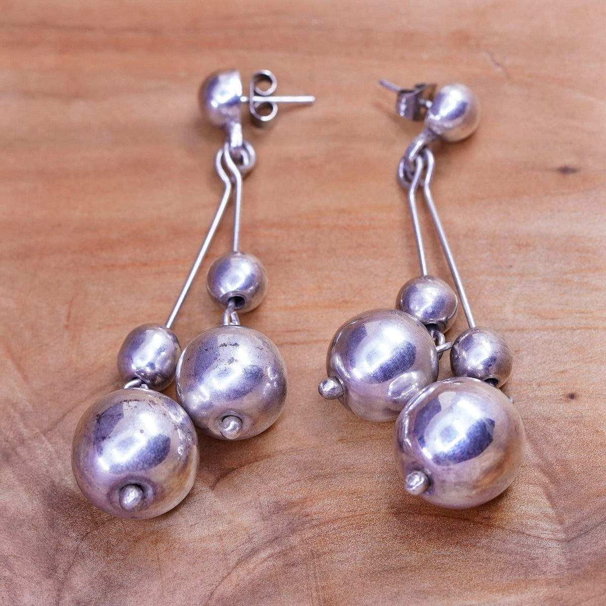 Vintage Mexico Sterling silver handmade earrings, 925 beads drops
