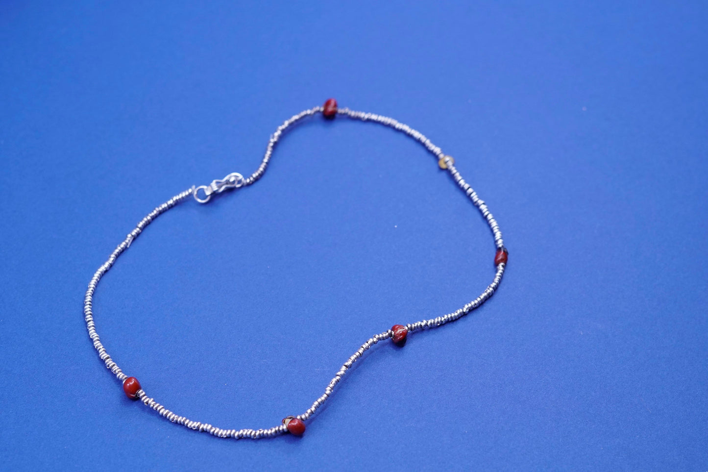 16”, Native American Navajo Sterling 950 silver heishi chain w/ coral beads