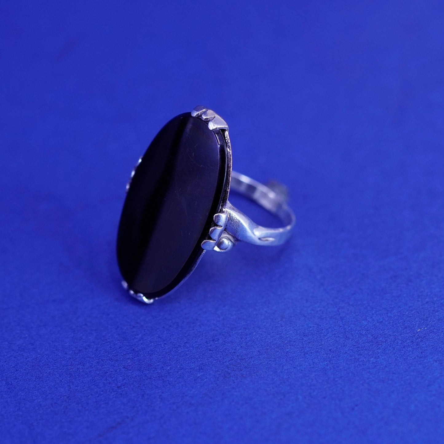 Size 5.5 vintage sterling 925 silver handmade statement ring with oval obsidian