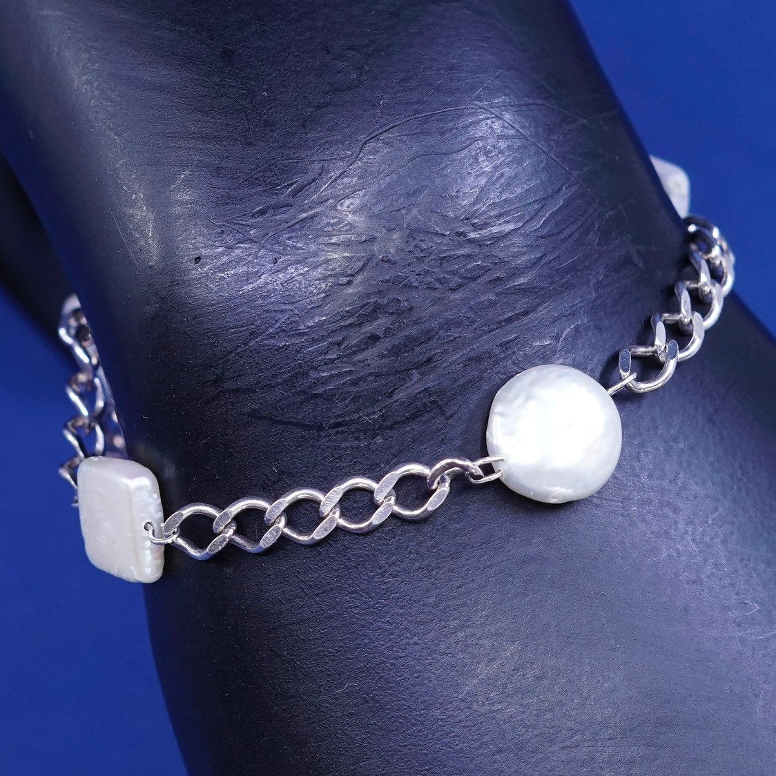 7.75", vtg Sterling silver handmade bracelet, 925 clasp w/ pearl beads