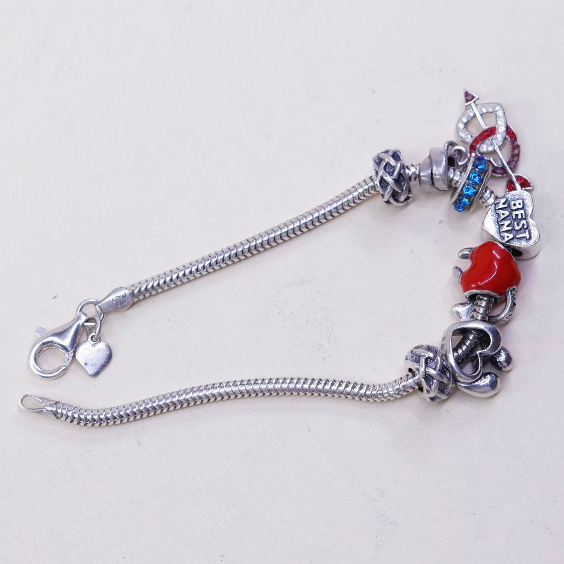 6.75" 3mm, VTG Sterling silver bracelet, 925 bold snake chain, w/ 7 charms