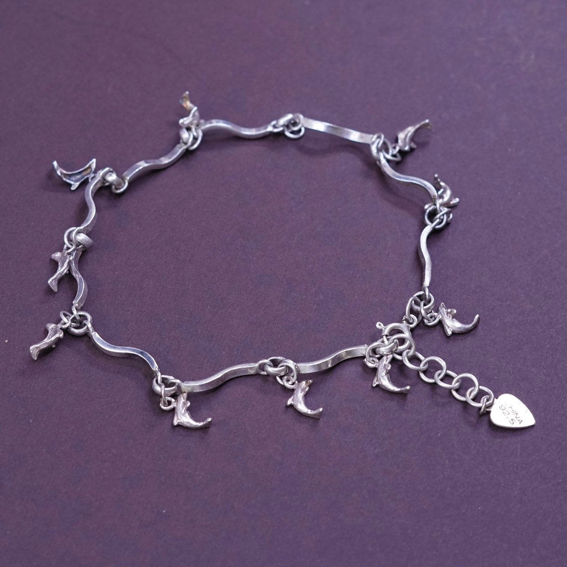 7.75"+1”, vtg Sterling silver bracelet, Italy 925 wavy bar n dolphin charms