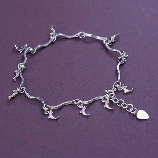 7.75"+1”, vtg Sterling silver bracelet, Italy 925 wavy bar n dolphin charms