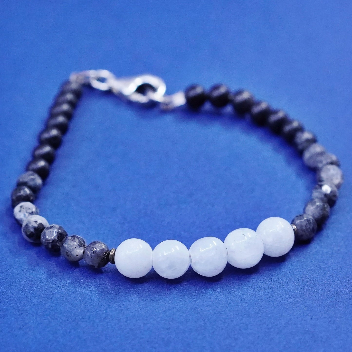 6.25”, vintage Sterling silver handmade bracelet with black and white quartz
