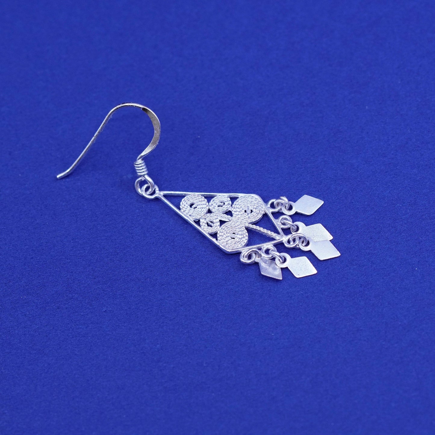 Vintage sterling silver handmade earrings, 925 filigree drop with fringe