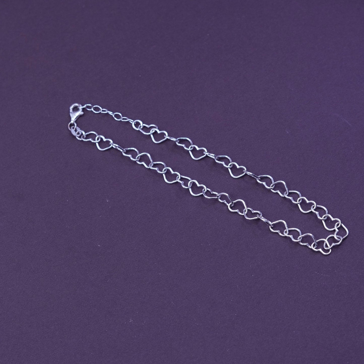 10”, Vintage sterling silver handmade anklet, 925 heart chain, stamped 925 italy