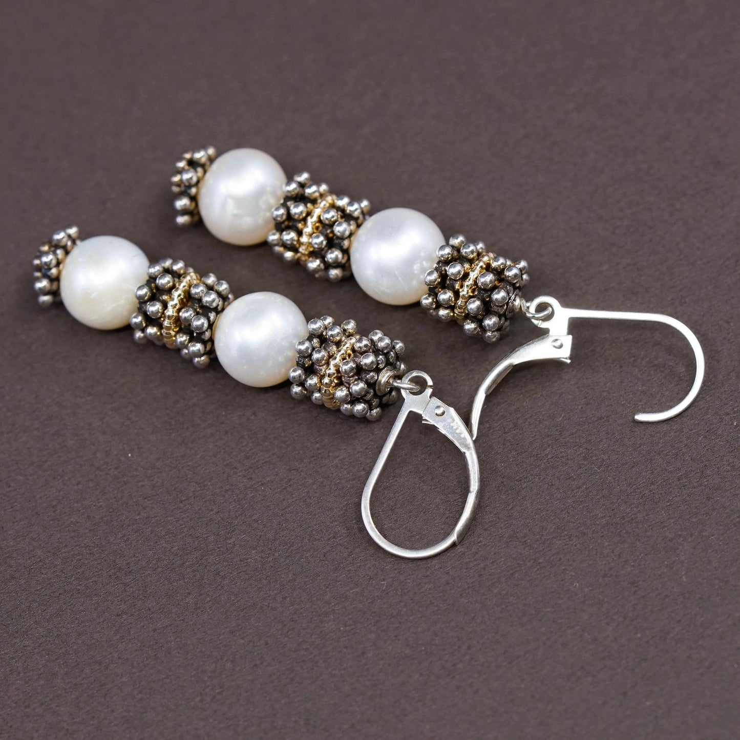 14K yellow gold trim w/ Sterling silver handmade earrings, 925 beads w/ pearl