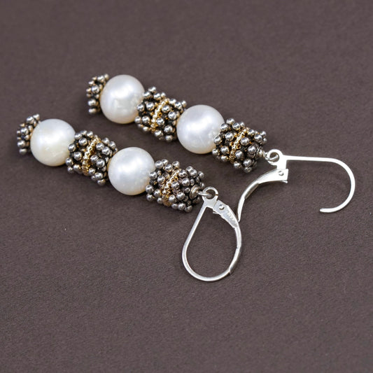 14K yellow gold trim w/ Sterling silver handmade earrings, 925 beads w/ pearl