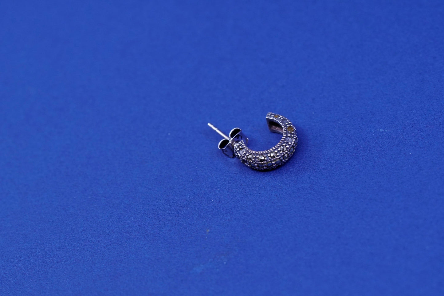 0.5”, Sterling silver handmade earrings, 925 hoops w/ marcasite details, huggie